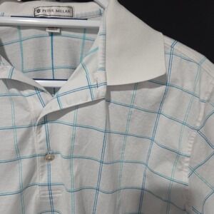 Peter Millar Mens White Blue Plaid Short Sleeve Polo Shirt Size M Cotton Golf